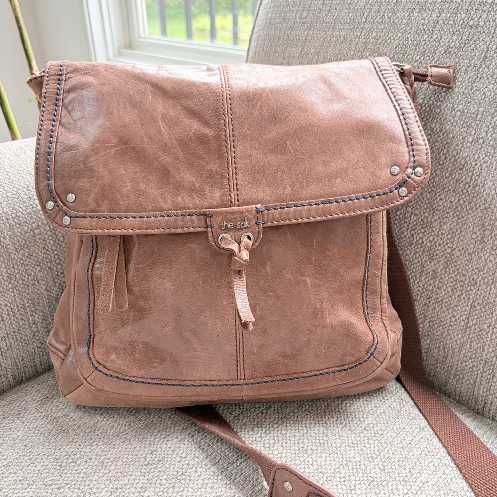 The Sak Leather Convertible Backpack Boho Brown Messenger Shoulder Bag Flap